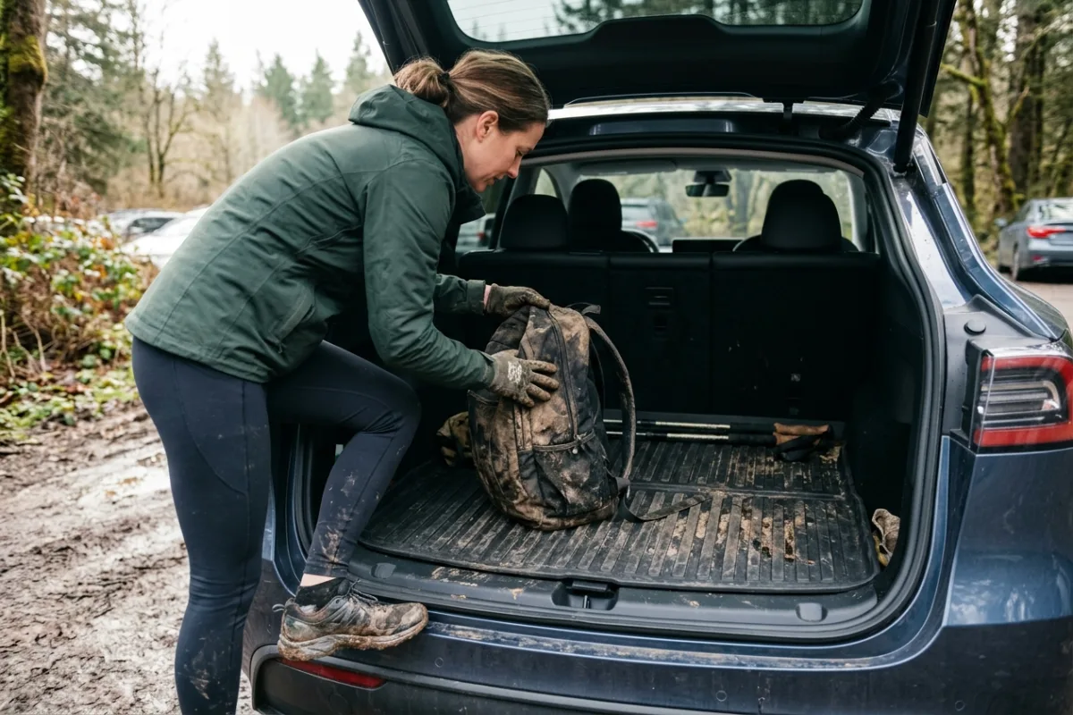A parent loads a muddy dog and folded stroller into a new electric SUV's trunk on a rainy afternoon.