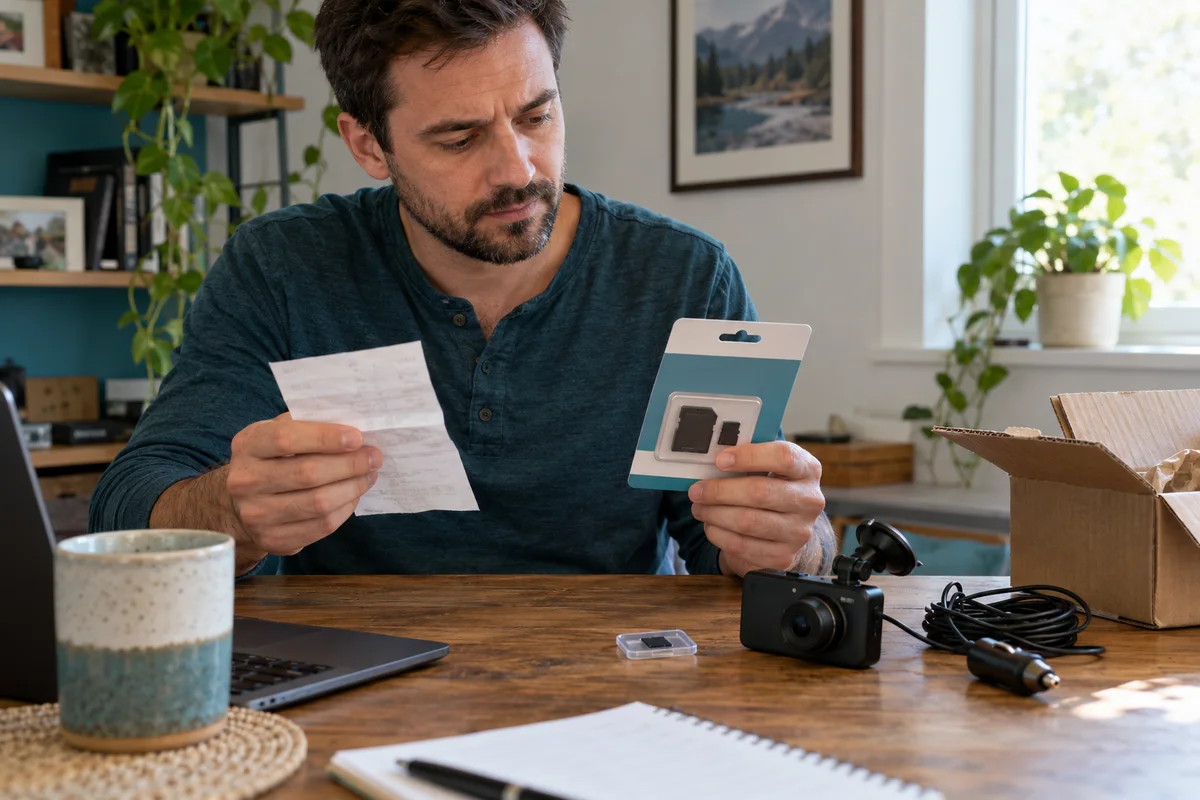 A driver reviewing a memory-card purchase receipt beside a disconnected dash camera