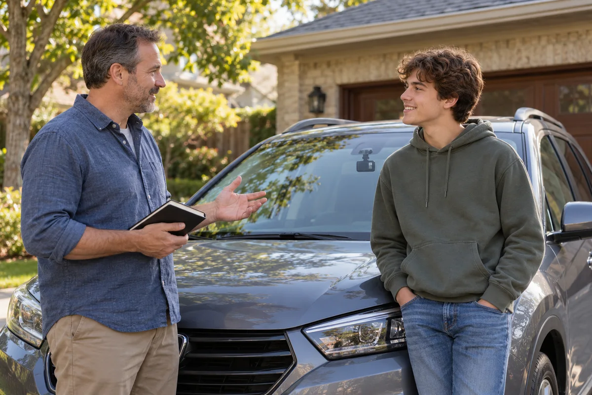 A parent and young adult discussing a dash camera beside a safely parked car