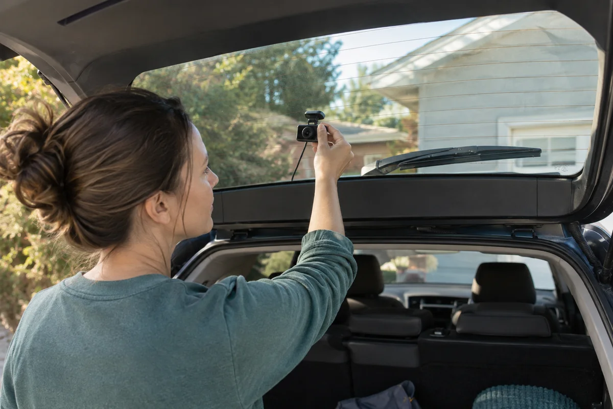 A car owner checking the rear-window view of a parked hatchback before choosing a rear camera