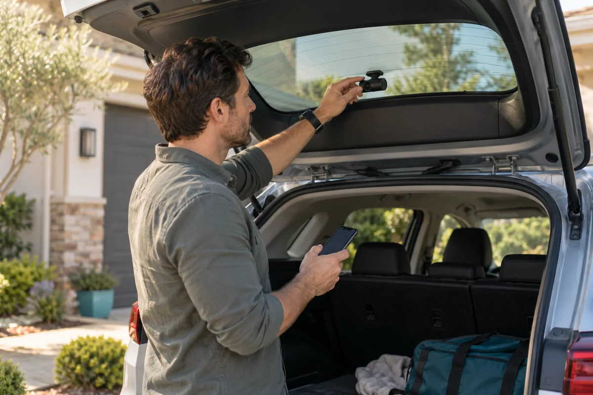 A parked-car owner checking the rear camera view before finalizing the mount