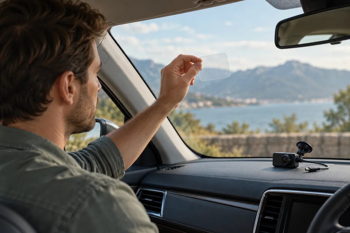 A car owner holding a transparent mounting film beside a stationary car windshield