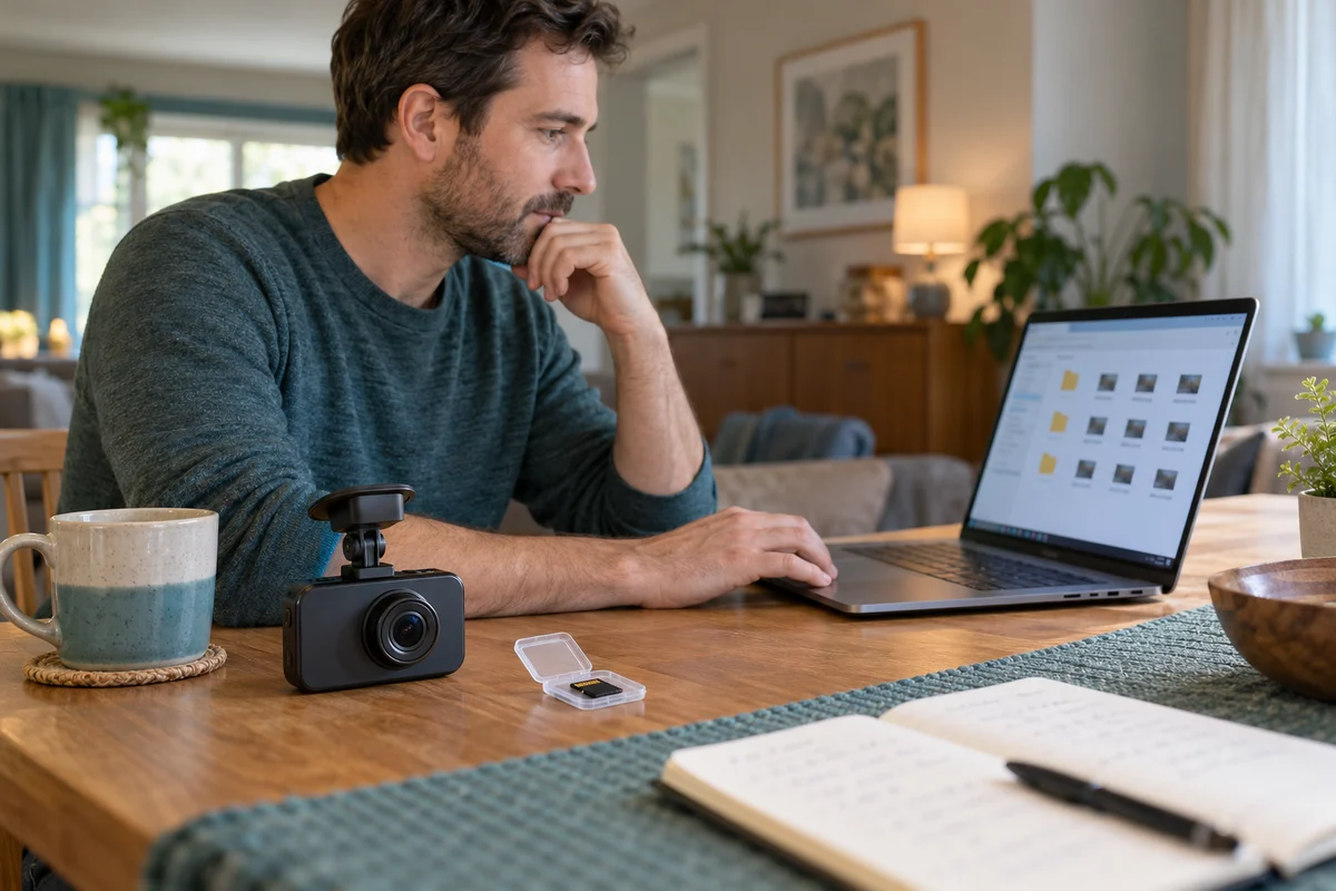 A car owner documenting camera settings with a memory card and laptop