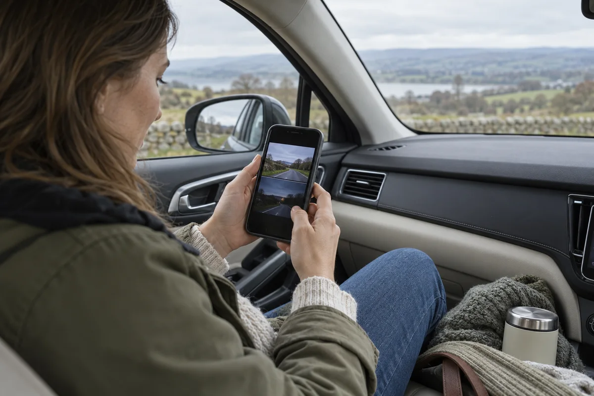 A parked driver reviewing front and rear dash-camera previews