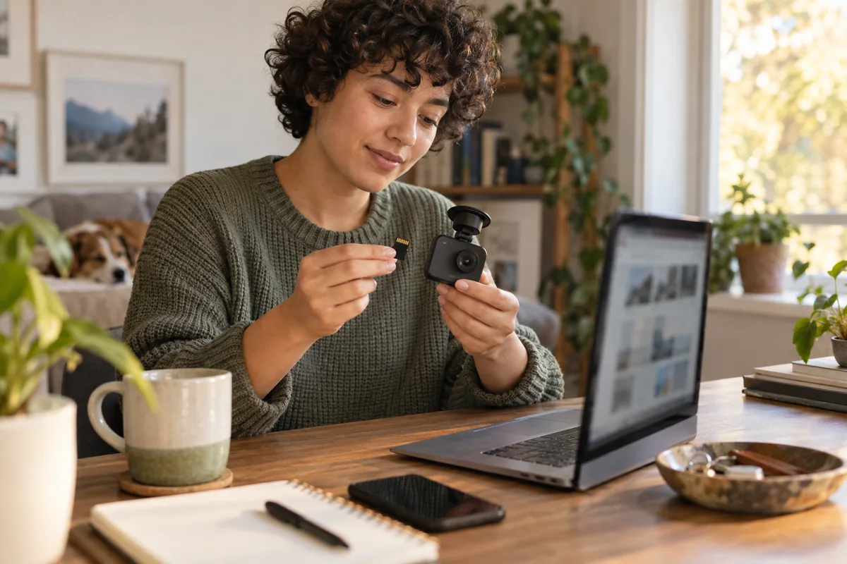 A car owner reviewing a generic dash camera, memory card, and laptop at a tidy home desk
