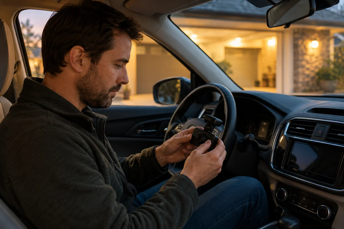 A parked-car owner reviewing video of an illuminated garage entrance