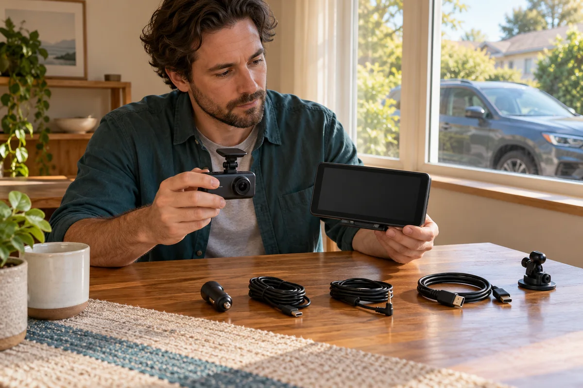 Owner comparing a dash camera and monitor on a home worktable