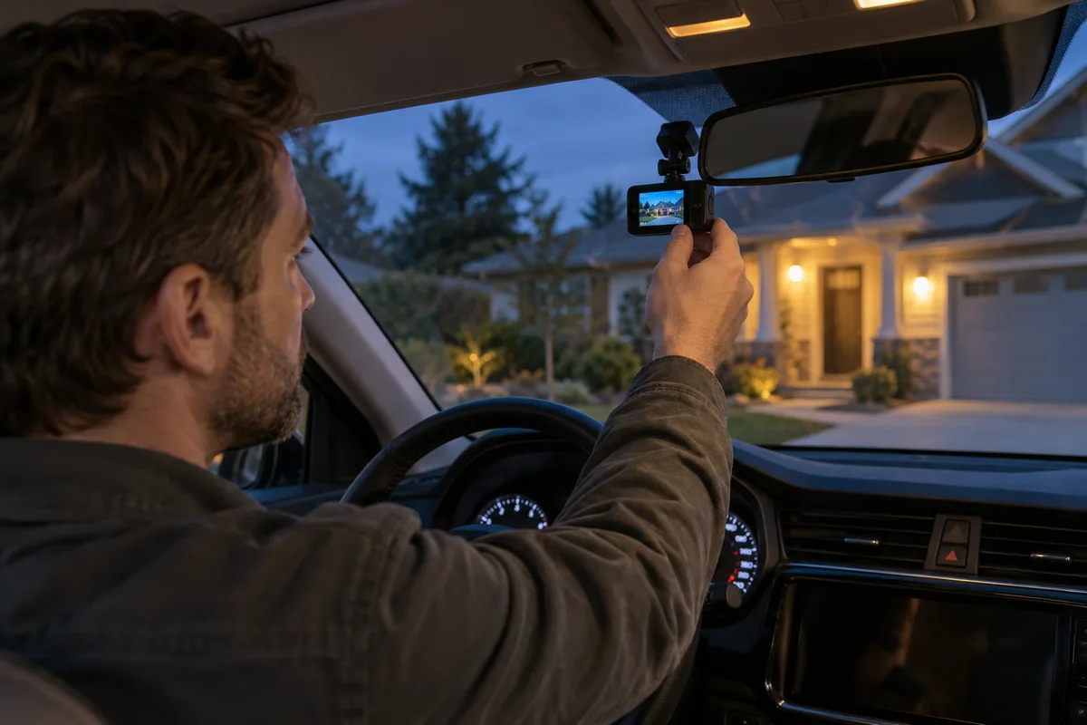A driver reviewing a dash camera in a stationary car at the edge of daylight