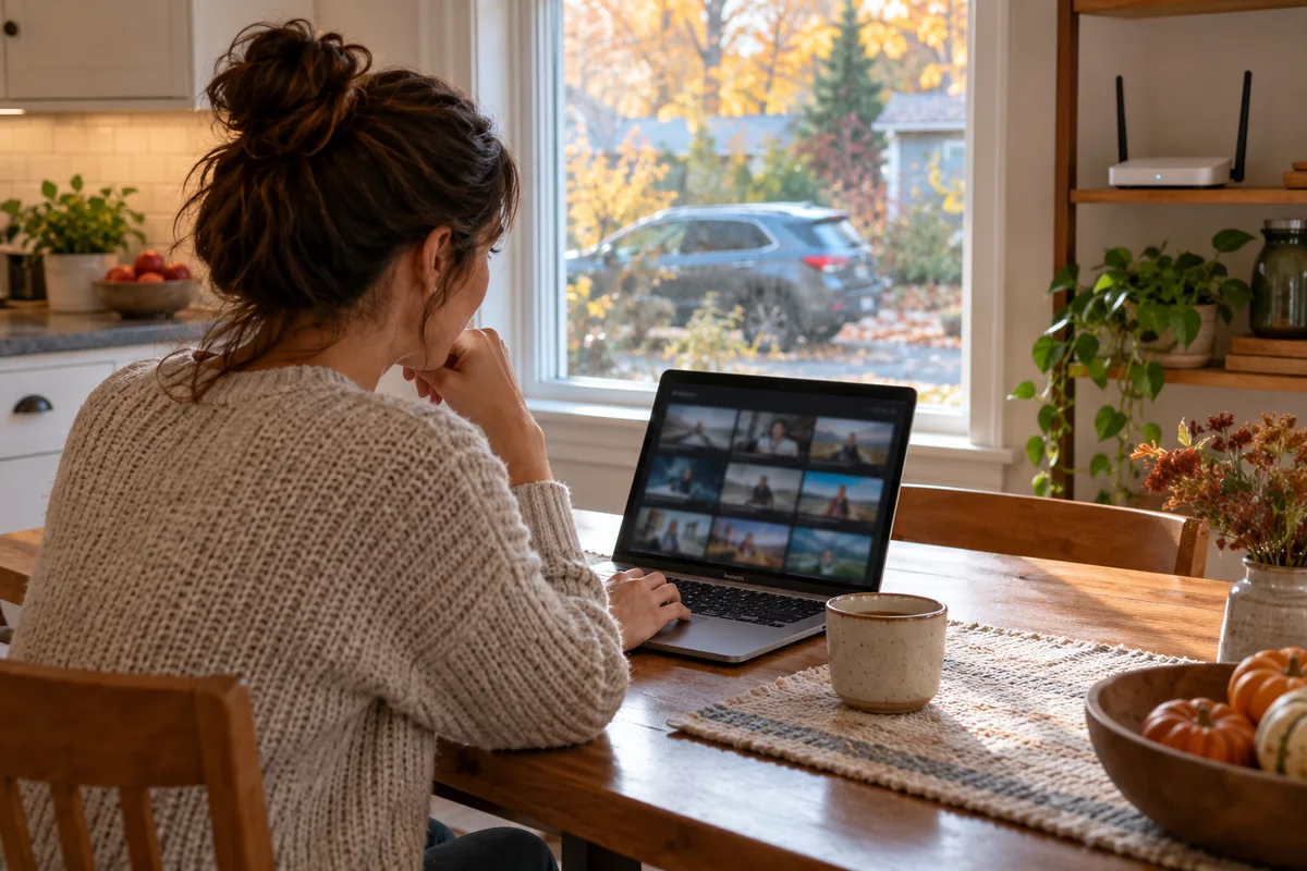 Person reviewing video files on a laptop with a parked car outside