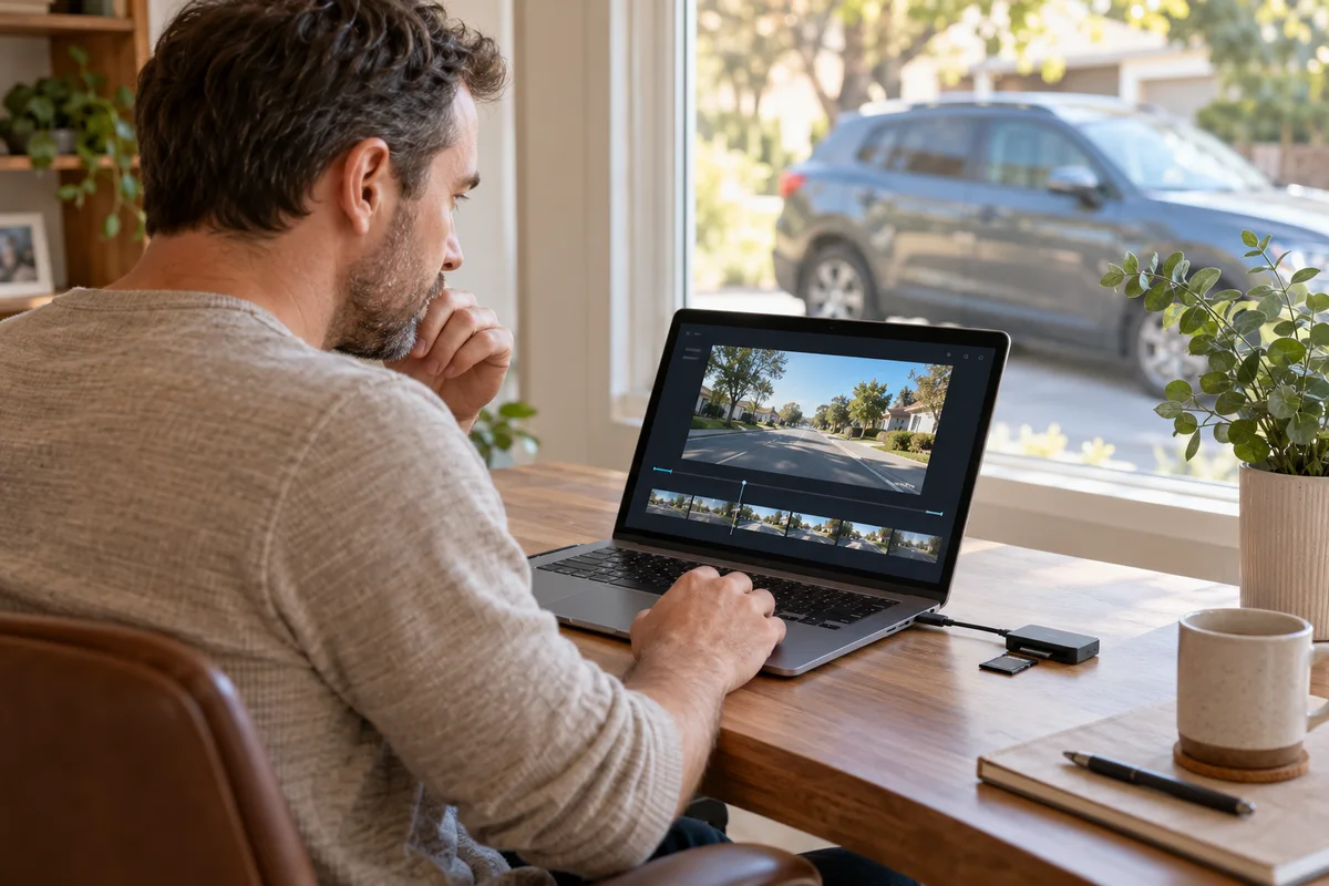 A driver reviewing several dash-camera clips on a laptop at home