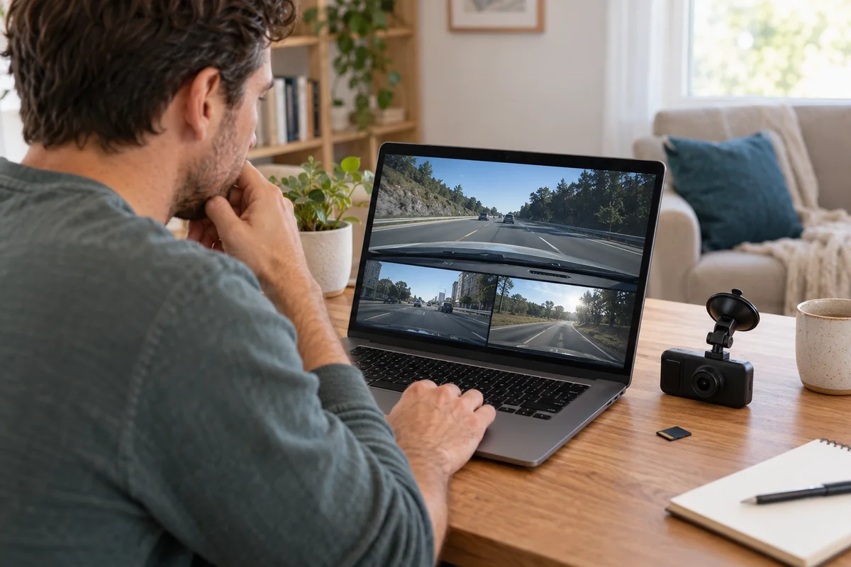 An adult reviewing several road-view panels on a laptop