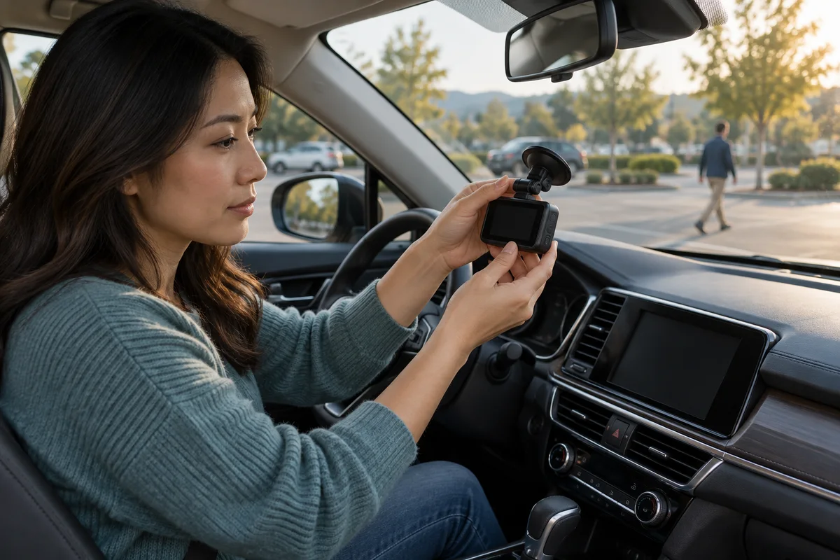 A driver reviewing a generic dash camera in a parked car while a pedestrian passes outside