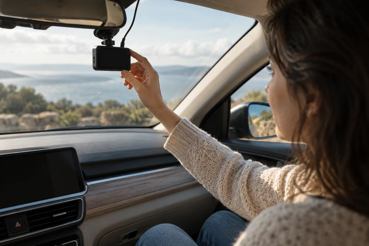 A parked-car owner checking a dash camera with a dark screen