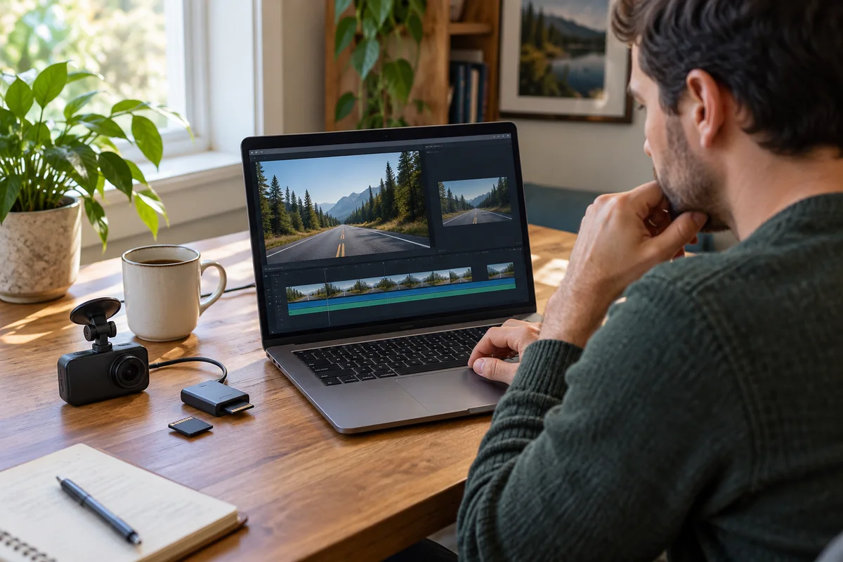 A car owner comparing a still road image and a video timeline on a laptop
