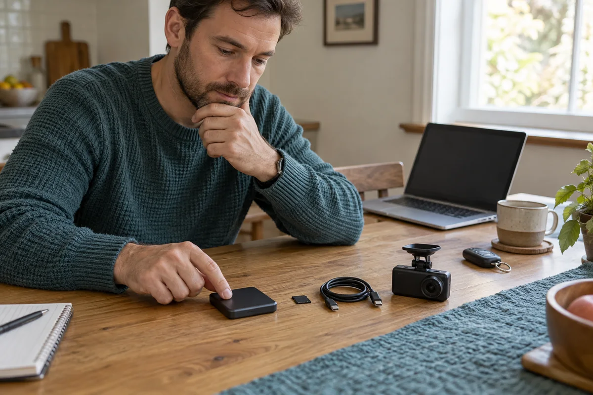 A driver comparing an external SSD, memory card, and cable beside a compact generic dashboard camera at a home table