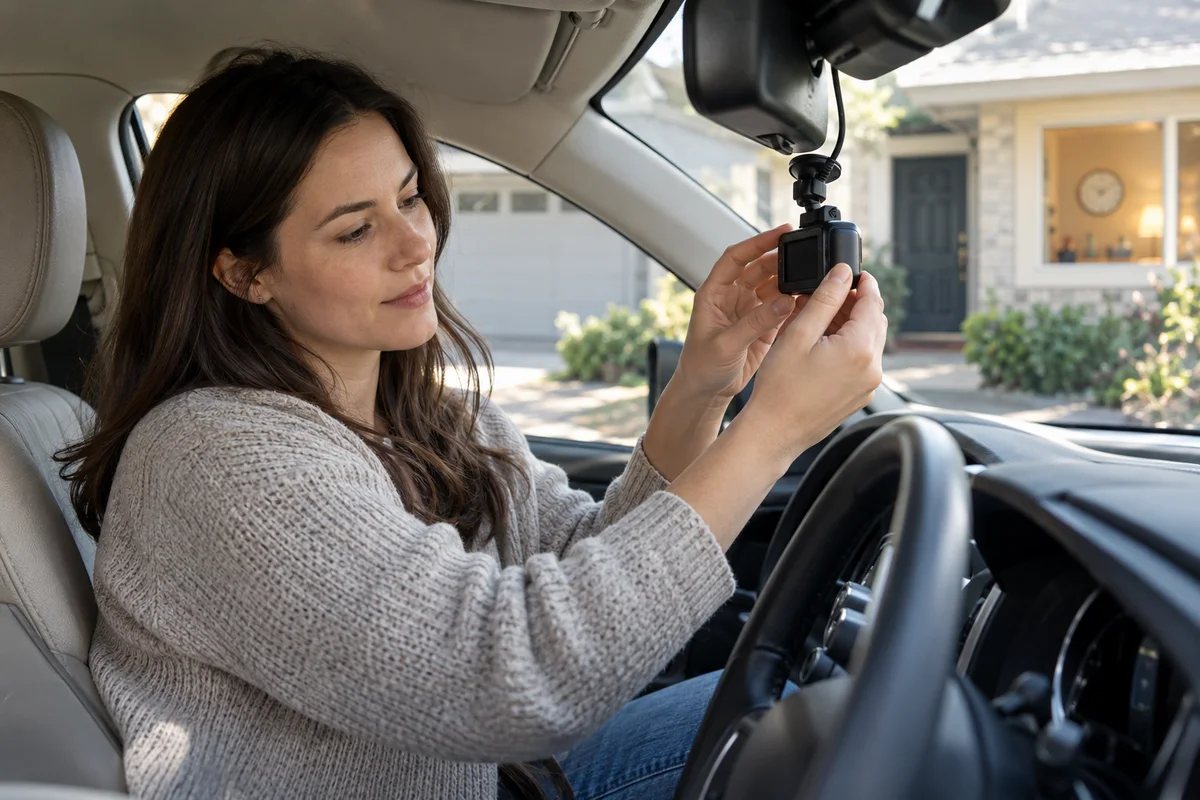 A parked-car owner reviewing a small dash camera