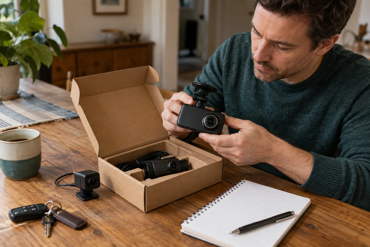 A driver comparing a two-camera kit with a separate optional cabin camera at a home table