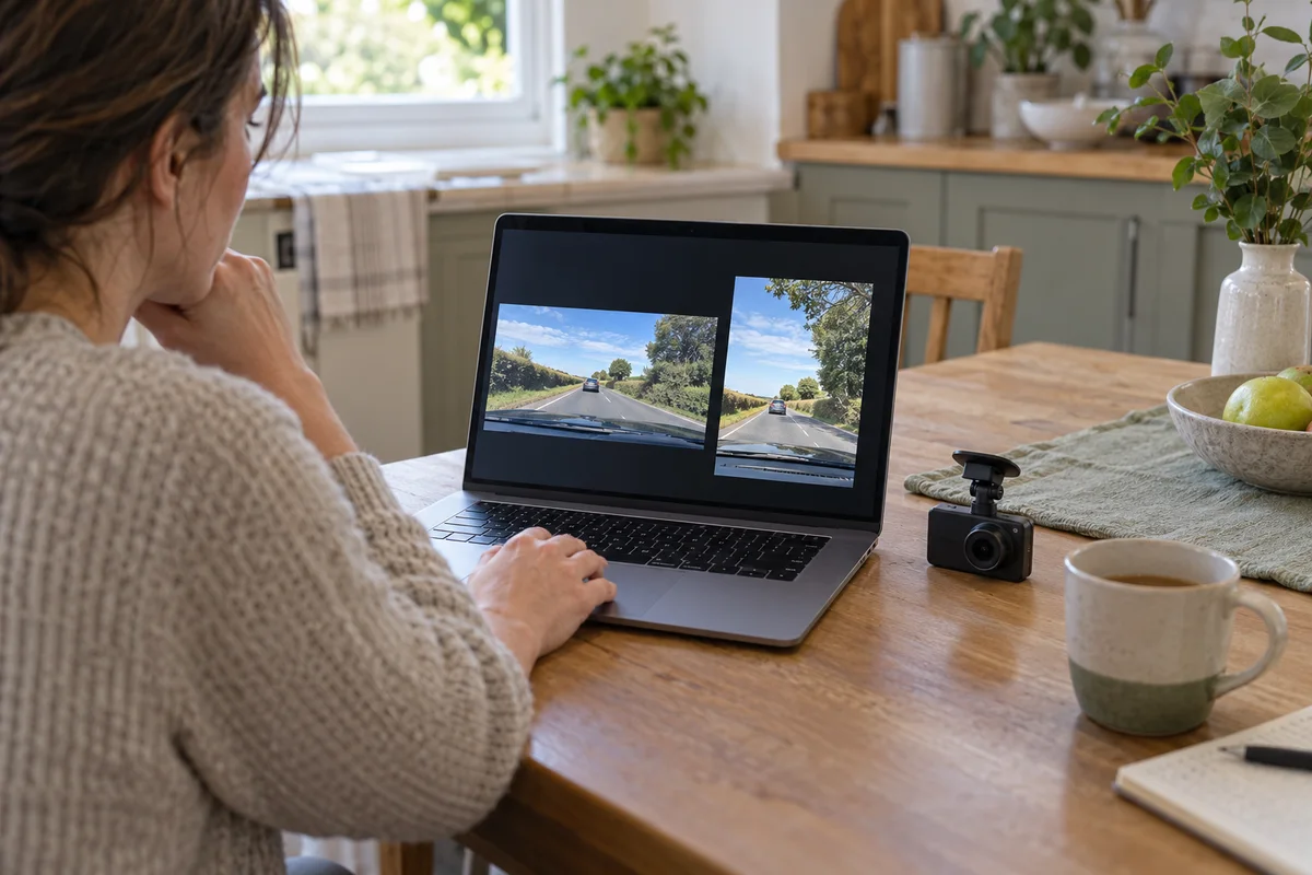 An adult reviewing wide and full-height road footage on a laptop