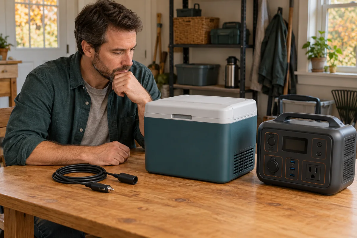 Person comparing a disconnected accessory cable beside a portable power station