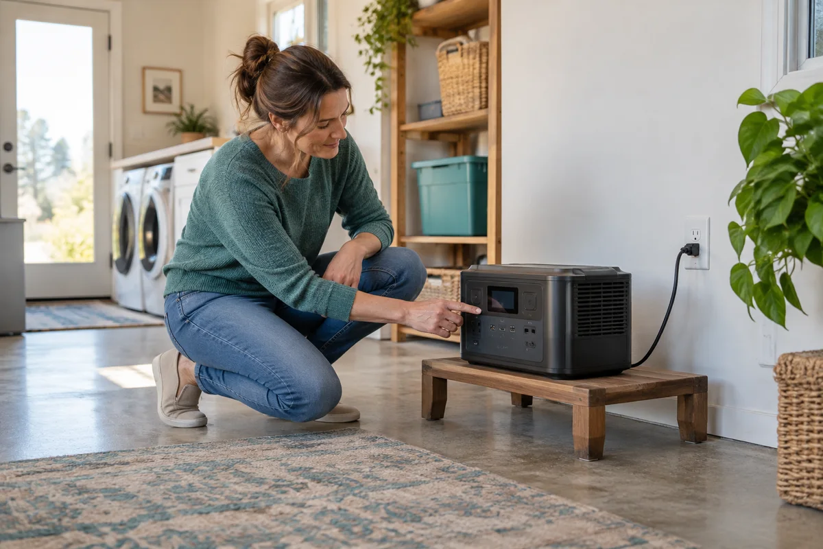 A homeowner checking a portable power station in a dry open room near a clear wall outlet