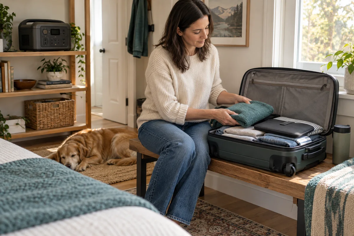 A traveler packing a carry-on while a large portable power station remains on a separate shelf at home