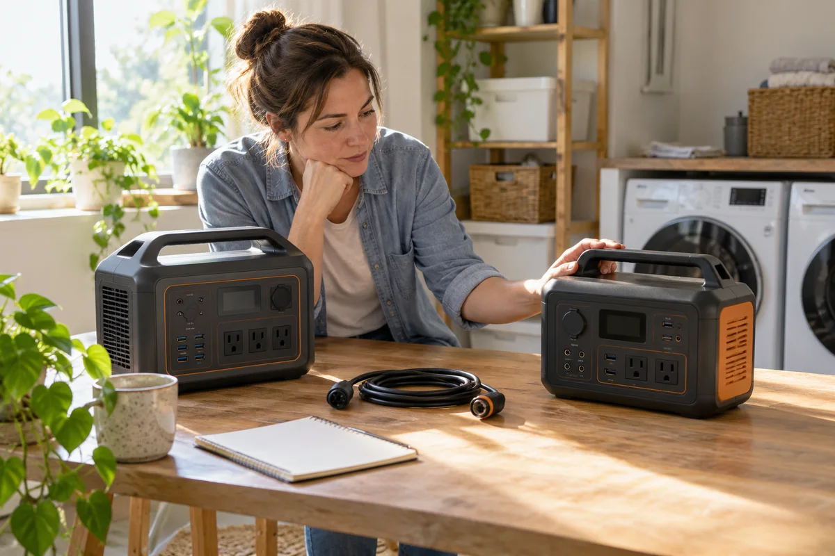 A homeowner comparing a disconnected portable power station and separate battery on a dry utility-room table
