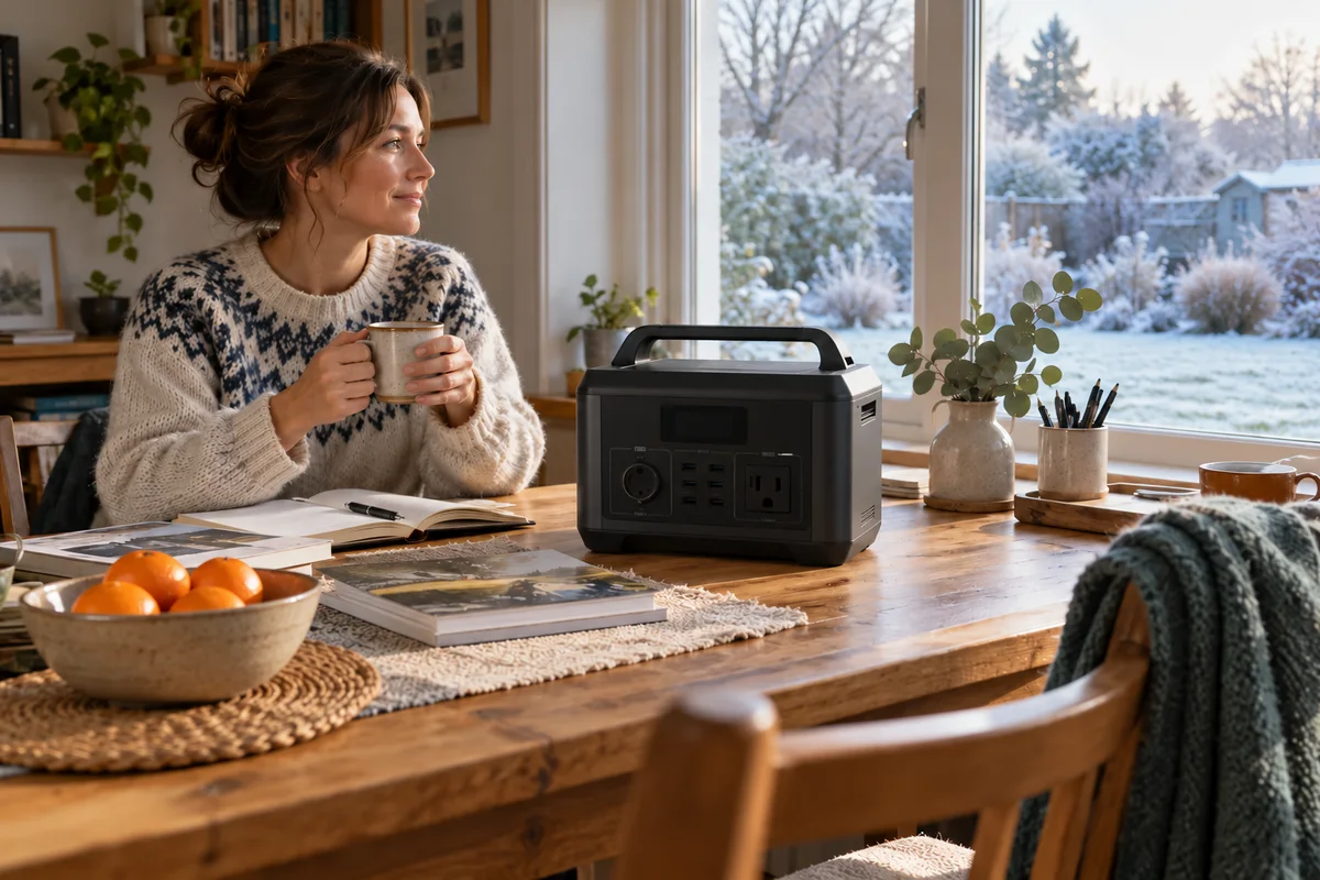 An unplugged portable power station on a dry indoor table near a winter window