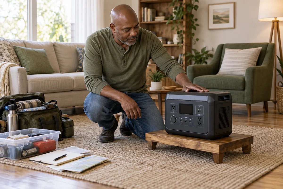 A homeowner checking a low, dry position for an unbranded portable power station beside an unobstructed living-room walkway