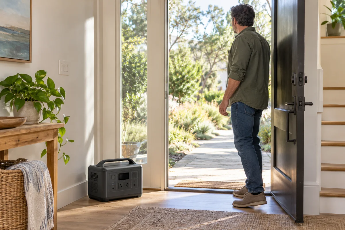 A portable power station on the floor beside a clear doorway