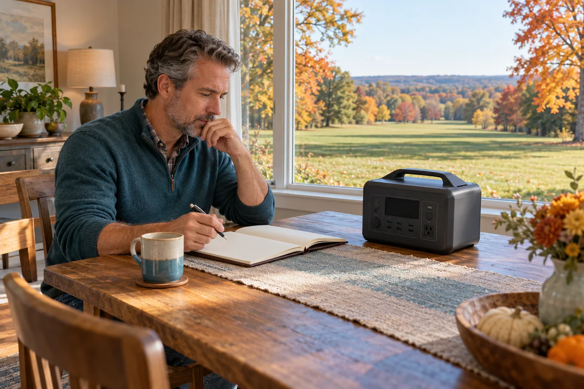 A homeowner planning backup power beside a disconnected battery station and a garden view
