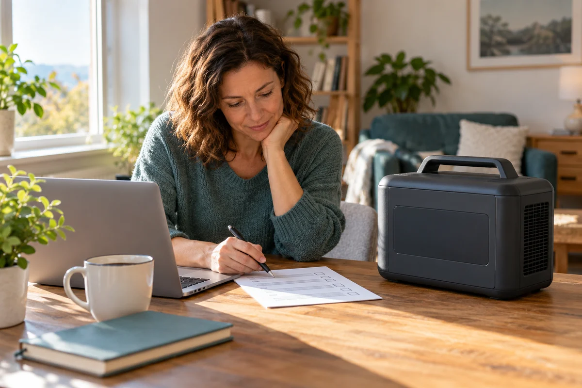 A home worker planning backup power beside a laptop and an unplugged portable power station