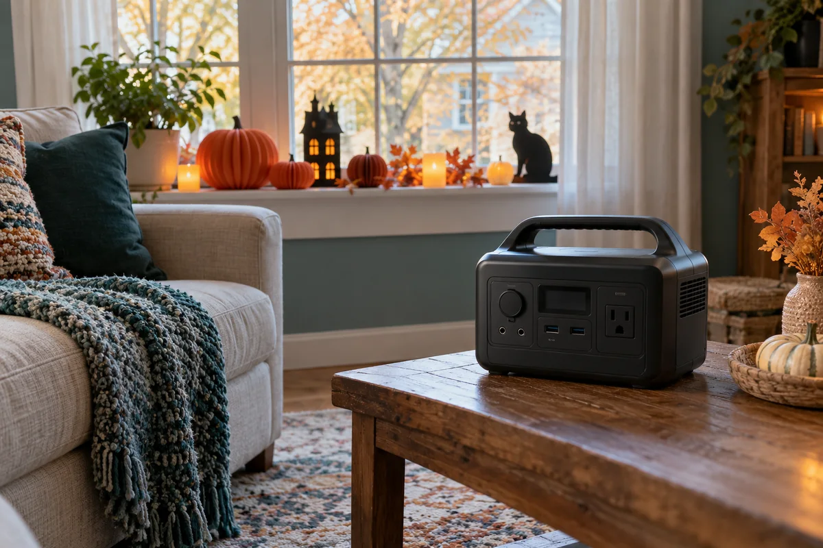 A small indoor Halloween window display with battery candles and a separate portable power station