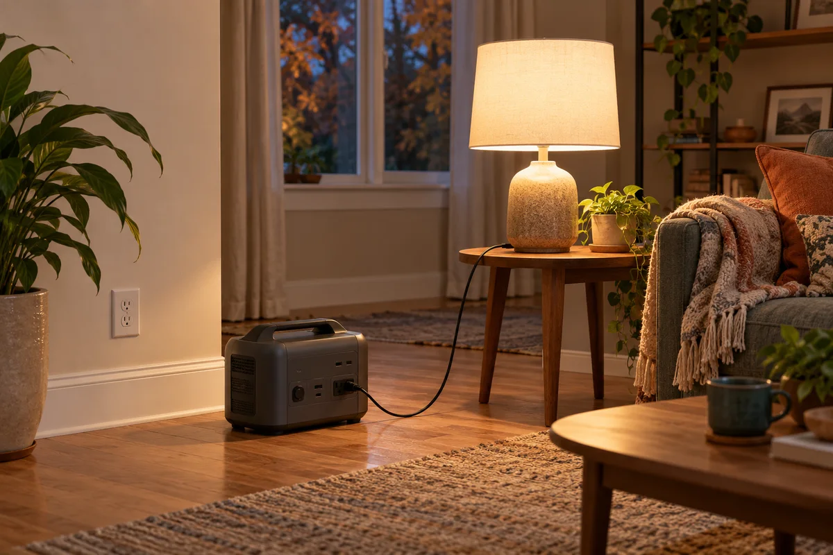 Portable power station beside a table lamp in a living room