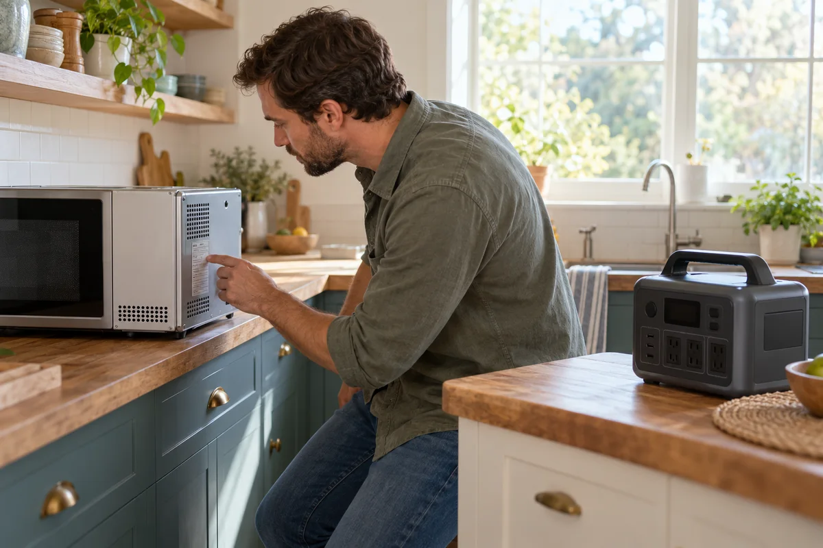 An adult reading a microwave rating label with a disconnected portable power station nearby