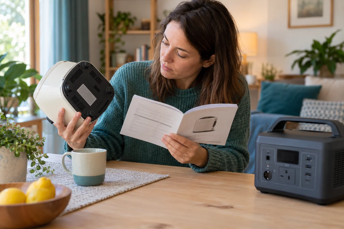 An adult comparing an unplugged appliance rating label with a disconnected portable power station at an indoor desk