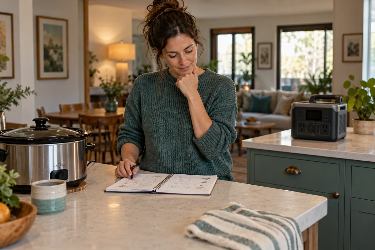 A home cook reviewing a meal plan beside an unplugged slow cooker and a separate power station
