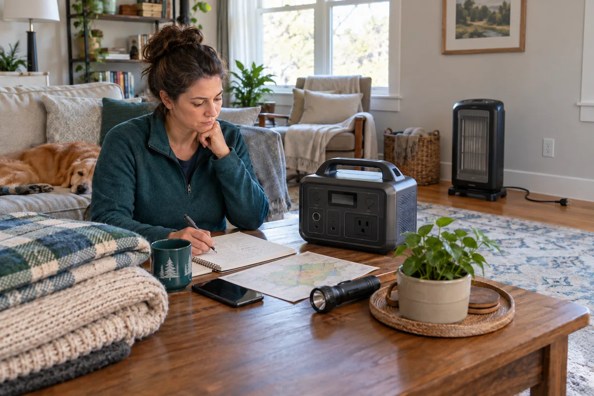 An adult planning an outage kit with blankets and a portable power station, with an unplugged heater kept separate