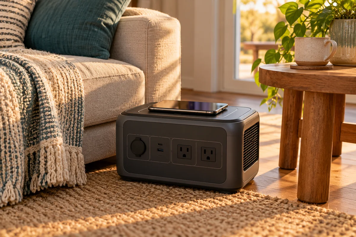 A phone resting on a portable power station in a living room
