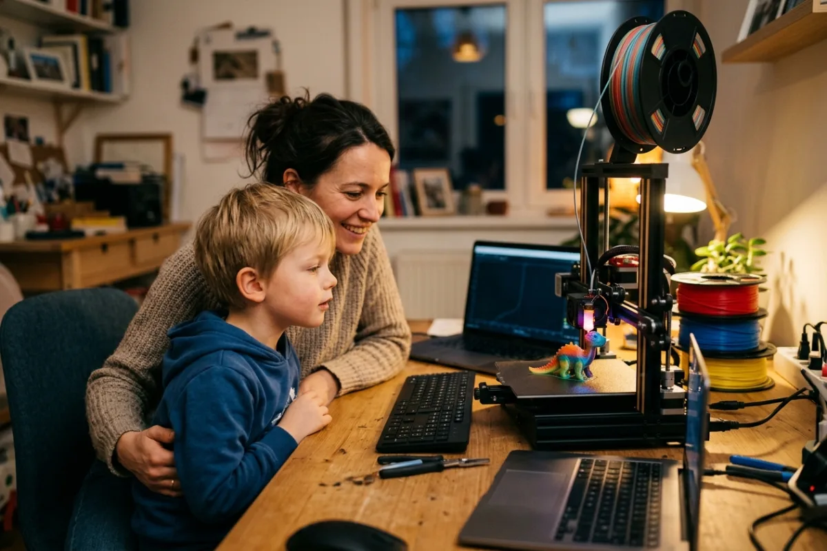 A parent and child lean over a desktop 3D printer, watching a colorful toy figure slowly take shape.
