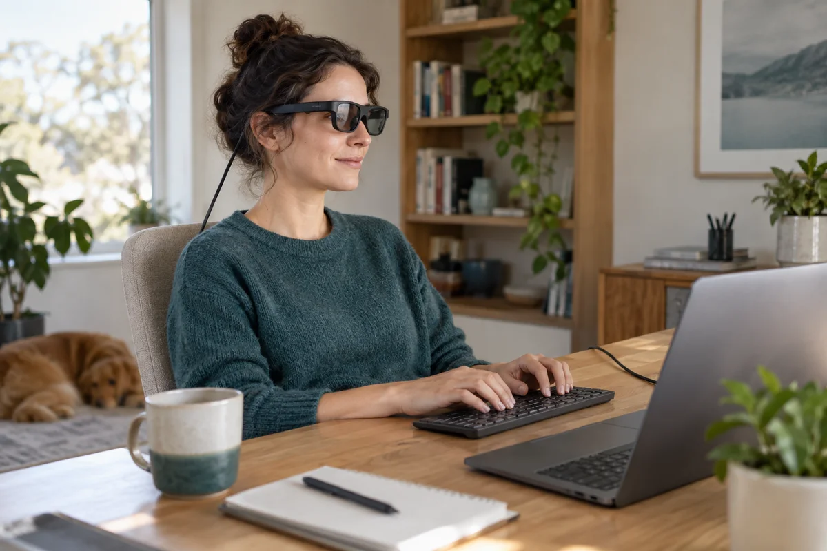 A seated adult wearing generic display glasses at a home desk with a laptop and external keyboard