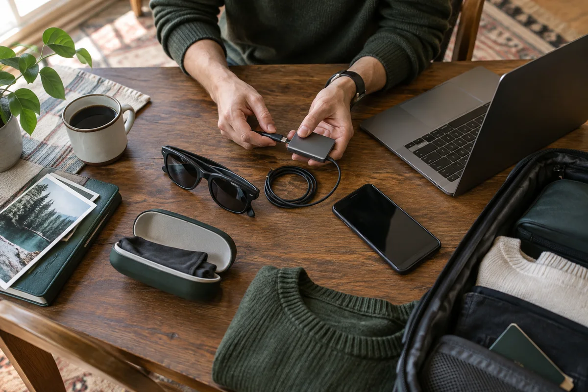 Hands checking display-glasses cables and an adapter beside a laptop and carry-on bag