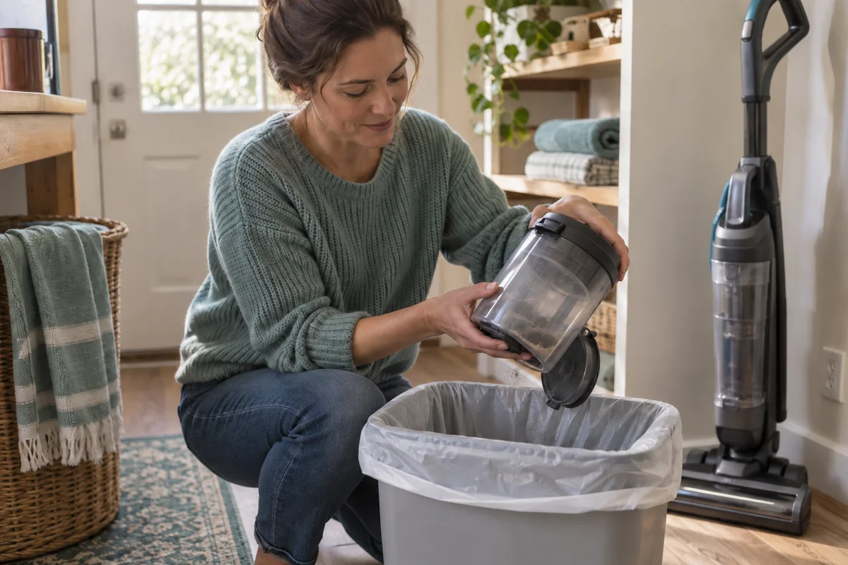 An adult holding a generic detachable vacuum dust cup over a lined household waste bin in a dry utility area