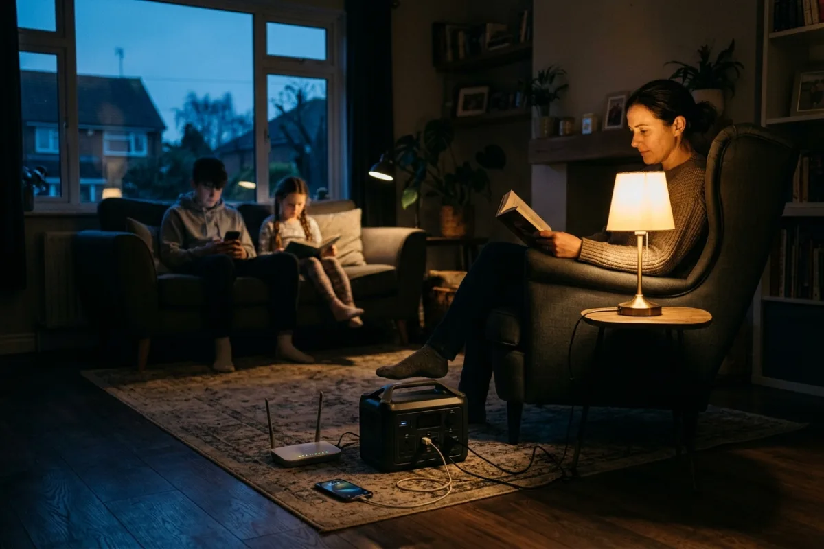 A softly lit living room during a power outage, with a compact power station keeping a lamp and router running.