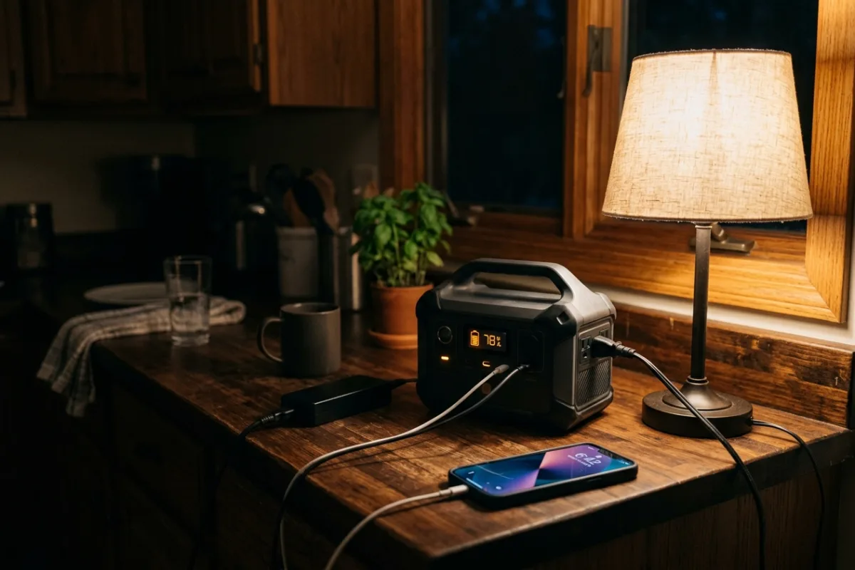 A portable power station sitting on a kitchen counter beside a lamp during an evening power outage