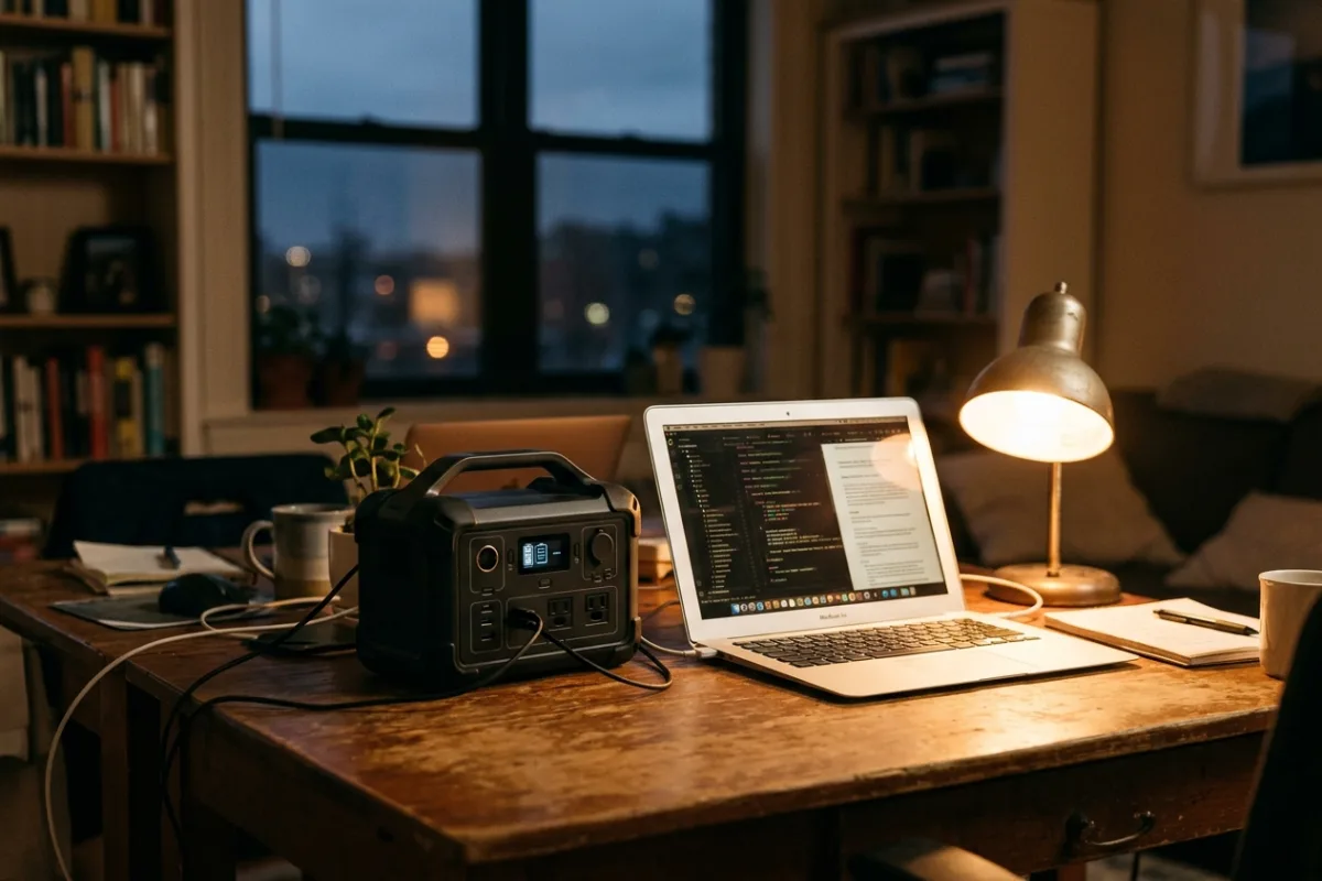 A small power station sitting on a home office desk beside a laptop and a lamp during a power outage