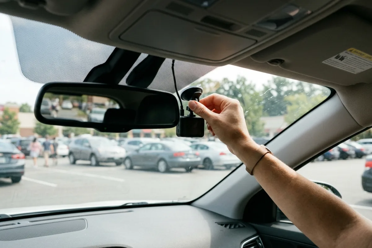 A driver mounts a compact dash cam behind the rearview mirror before pulling out of a driveway.