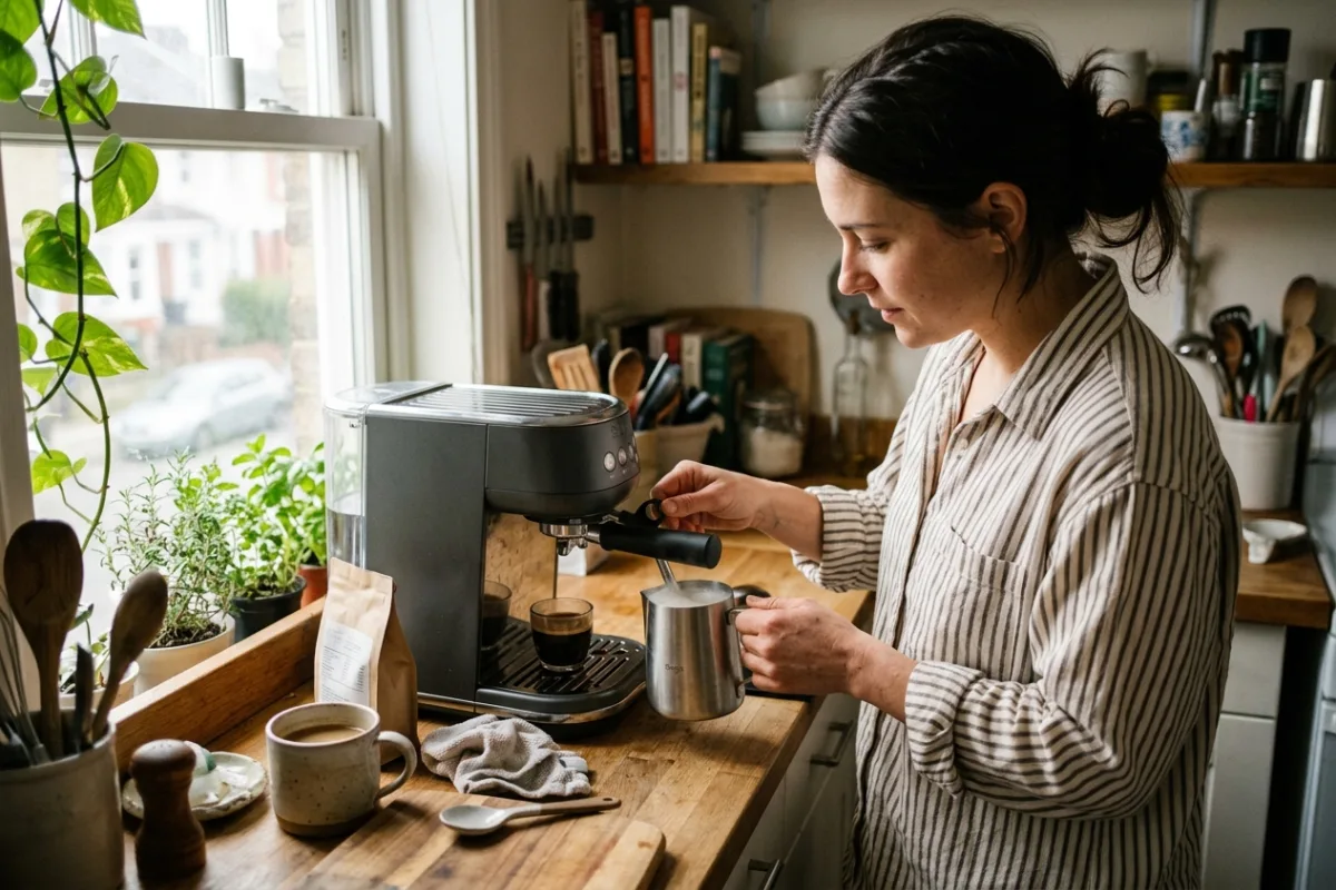 A home cook steams milk at a small kitchen counter while pulling a fresh espresso shot for a morning latte