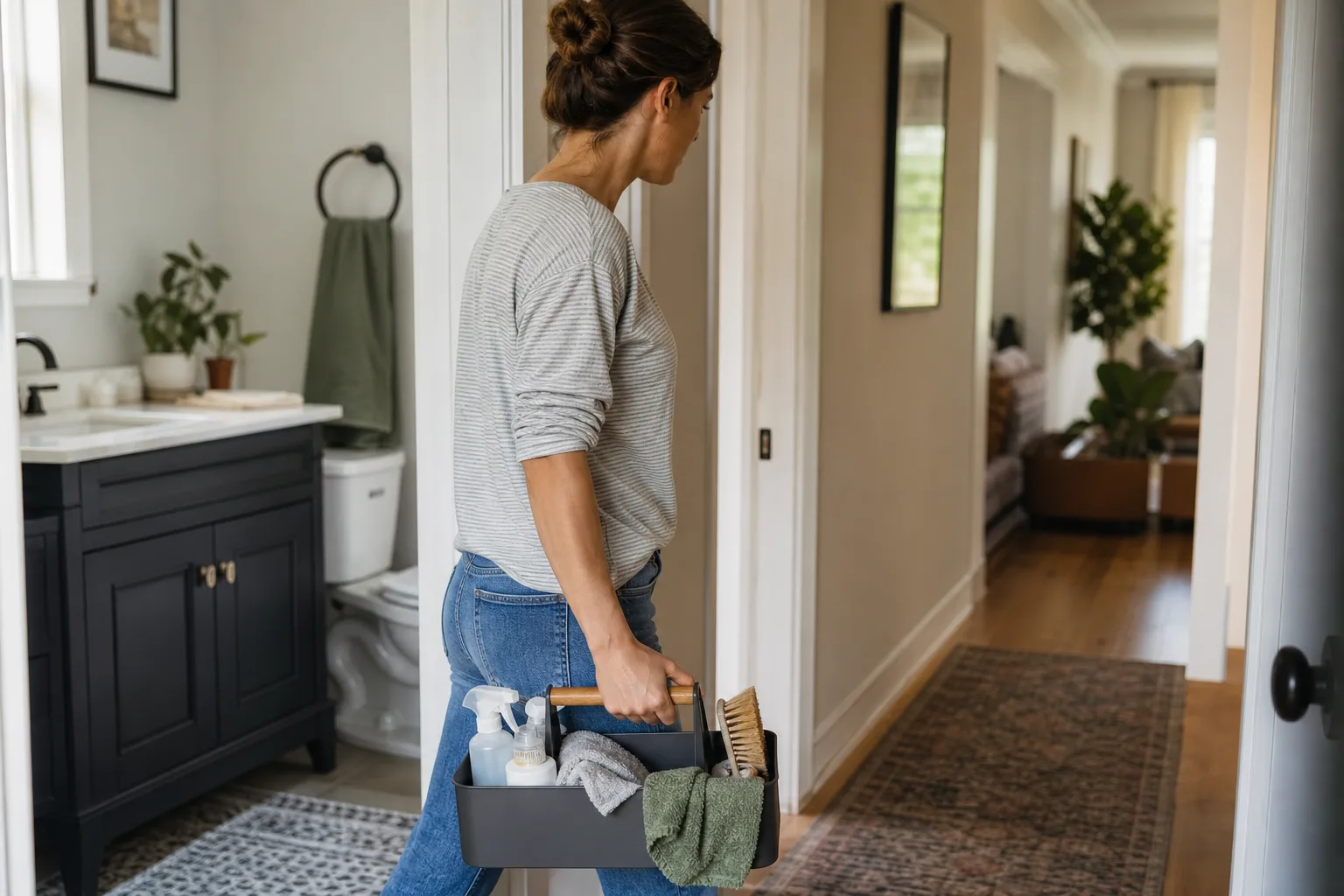 Adult carrying a compact cleaning caddy from a bathroom