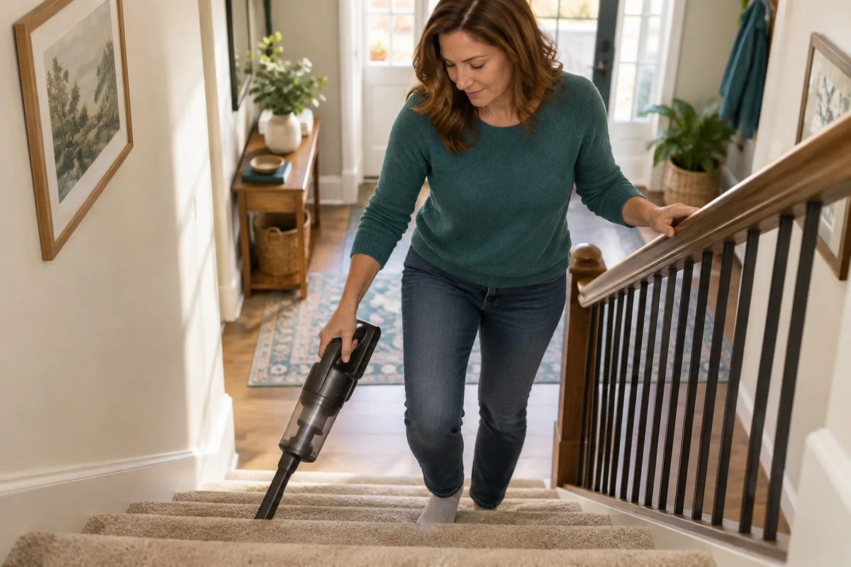 An adult holding a compact vacuum attachment on a dry carpeted staircase with a clear handrail