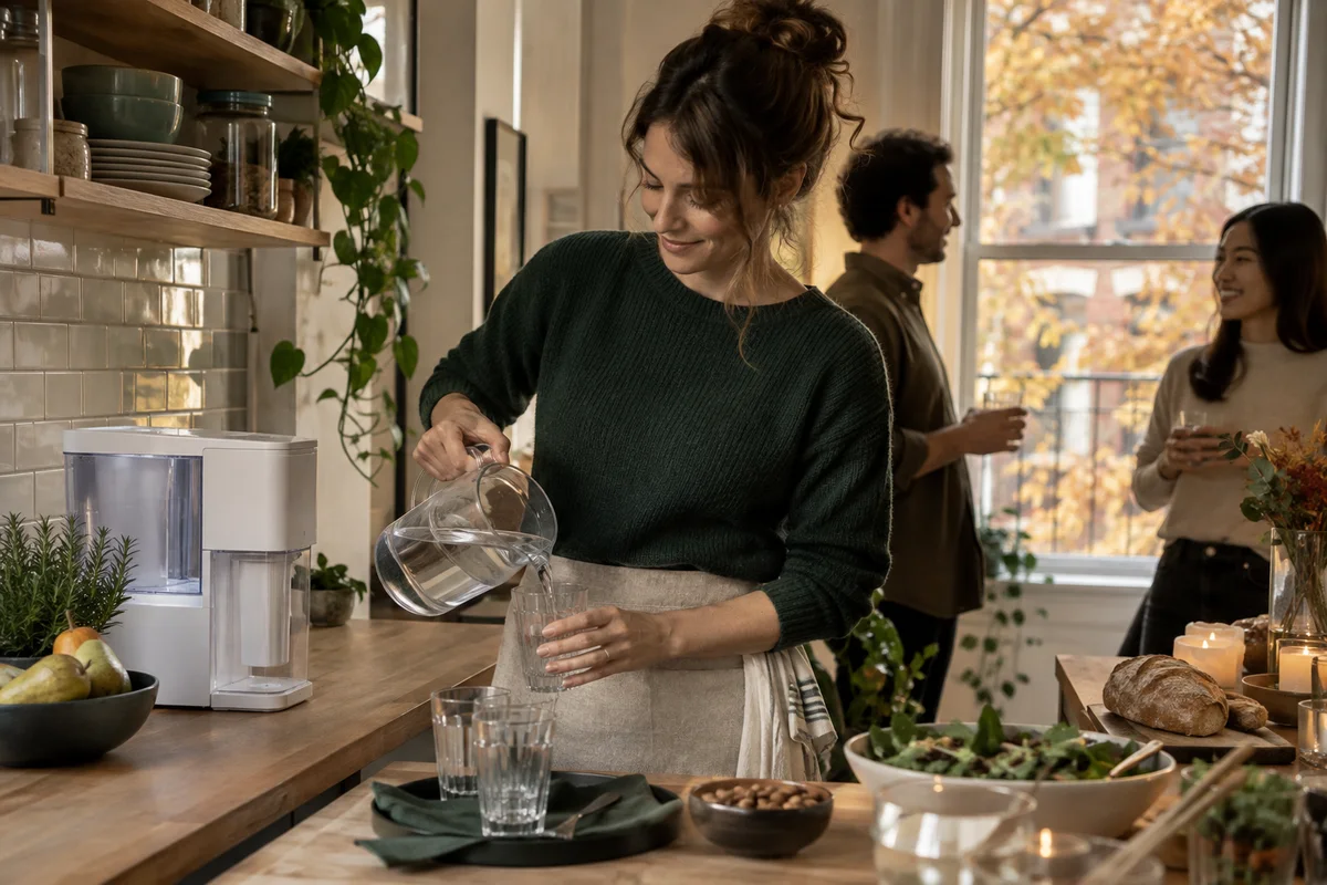 A host preparing water glasses beside a countertop filter and pitcher in an autumn kitchen